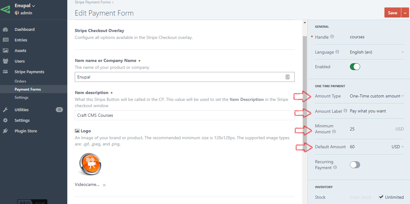 One-Time custom amount Settings